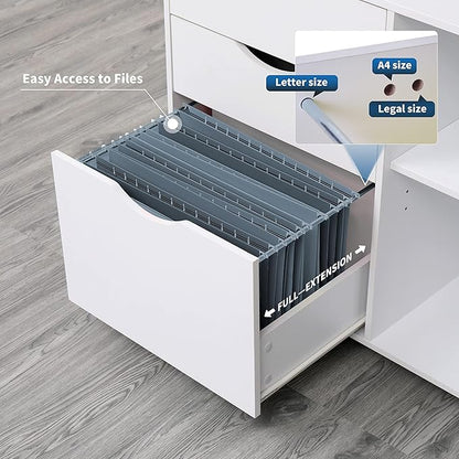 QDSSDECO 3-Drawer with Shelf Wood File Cabinet Mobile Lateral Filing Cabinet, with Rolling Wheel Printer Stand and Open Adjustable Storage Shelves, for Home Office, White