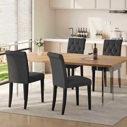 Upholstered Dining Chairs Set of 6, Button Tufted Parsons Dining Chair with Solid Wood Legs, Modern Fabric Side Chair for Dining Room/Kitchen/Restaurant/Hotel- Black