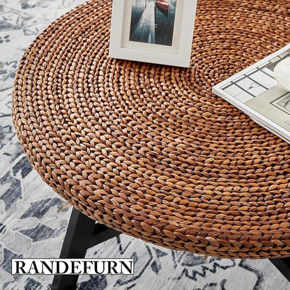 RANDEFURN Round Coffee Table, Seagrass Coffee Solid Pine Wood X Base Frame Cocktail Table, Easy Assembled, Multiple Sizes for Living Room, 32 x 17 Inches,Gold