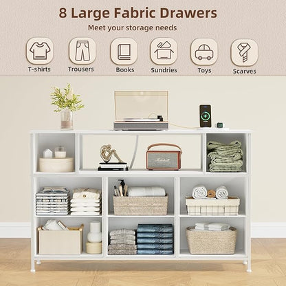 Somdot White TV Stand, Dresser for Bedroom for 55 inch TV with Charging Station and LED Lights, Media Console Table with 8 Drawers, Open Shelf, Adjustable Feet,Living Room Furniture