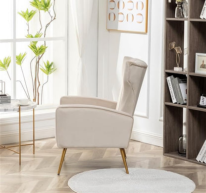 Container Furniture Direct Modern Velvet Accent Chair, Channel Tufted Bedroom, Office or Living Room Furniture with Elegant Metal Legs, 26" Wide Armchair, Beige