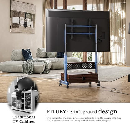 FITUEYES Rolling TV Floor Stand for 40-85in TVs, Heavy Duty Mobile TV Stand on Wheels Lockable, TV Cart with Wooden Large Storage Shelf & Pegboard Hold up to 132 lbs for Bedroom, Living Room, Office