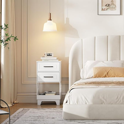 Tall Nightstand Set of 2 Side Table with 2 Drawers Modern Night Stand Wooden End Table Bedside Table with Below Open Shelf Solid Feet for Bedroom, Living Room, White