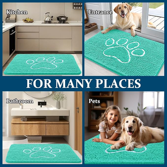 OLANLY Door Mat for Muddy Dog Paws 48x30, Ultra Absorbent Chenille Mud Doormat with Paw Print Design, Non-Slip Washable Doormat for Indoor Entryway, Quick-Dry Pet Bed Mats for Dirty Dogs, Teal