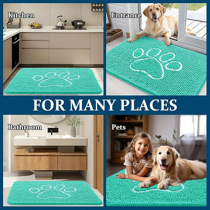 OLANLY Door Mat for Muddy Dog Paws 24x16, Ultra Absorbent Chenille Mud Doormat with Paw Print Design, Non-Slip Washable Doormat for Indoor Entryway, Quick-Dry Pet Bed Mats for Dirty Dogs, Teal