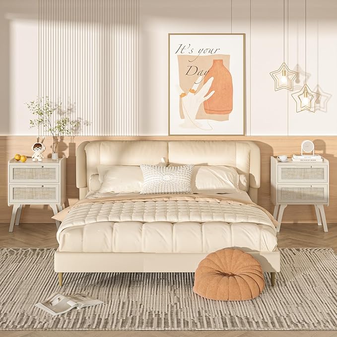 Lerliuo Rattan Nightstand, Boho Night Stand with 2 Drawers, Cane Accent Side End Table, Bedside Table with Solid Wood Legs for Bedroom, Dorm and Small Spaces (White)