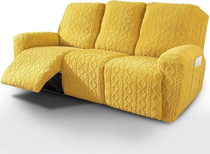 vctops 8 Pieces Geometric Jacquard Plush Recliner Sofa Covers Soft Fuzzy Fluffy 3 Seats Couch Cover Anti-Slip Sofa Slipcover Furniture Protector with Elastic Bottom for Kids Pet(Yellow,3 Seat)