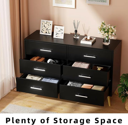 Shintenchi 6 Drawer Dresser, Wide Chest of Drawers Organizer Storage with Drawers, Large Storage Cabinet, Modern Design Dresser for Bedroom, Living Room, Porch, Black