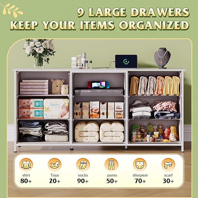 WLIVE 54''W Dresser for Bedroom, White Dresser TV Stand for 55, 60, 65 inch TV, Wide Chest of Drawers with 9 Drawer, Large Entertainment Center, Fabric Dressers with Wood Top for Closet, Living Room