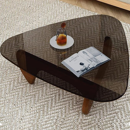Mid Century Modern Glass Coffee Table, Small Coffee Table for Living Room, Elegant and Functional Coffee Tables Suitable for Bedroom Living Room Reception Office Tables（Walnut/Grey，Small）