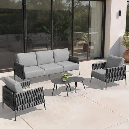 EAST OAK 5-Piece Patio Furniture Set | Life Chatter 5-Seat Outdoor Furniture | Deep Seating & Two Coffee Tables | Waterproof Extra-Thick Cushions | Porch, Balcony & Backyard | Earth Black & Misty Grey