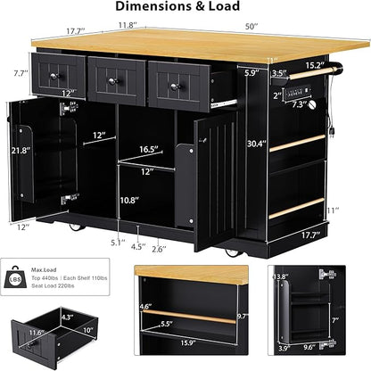 53" Large Kitchen Island with Drop Leaf,Power Outlet & Door Internal Storage Rack,Rolling Kitchen Cart on 5 Wheels W/ 5 Open Side Racks for Kitchen,Dining Room,Black(Not Include bar stools)