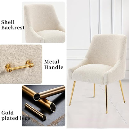 Modern Velvet Dining Chairs Set of 6, Contemporary Upholstered Furniture Collection with Polished Gold Metal Legs, Elegant Accent Chairs for Kitchen Living Room(Teddy Fleece,Beige)