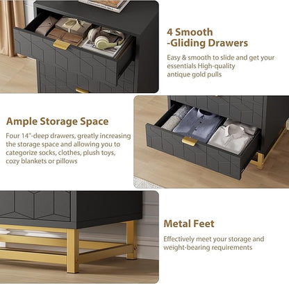 GAOMON Black Dresser, 4 Drawer Dresser for Bedroom, Wood Chest of Drawers, Modern Dressers with Gold Metal Handles for Living Room, Hallway, Entryway