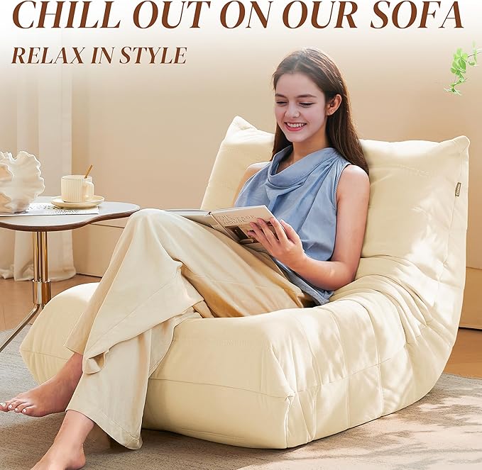 Bean Bag Chair, Fireside Chair Bean Bag Sofa for Adults, Bean Bag Chairs for Teens with High-Resilience Foam, Memory Foam & Non-Slip Base Bean Bag for Living Room, Bedroom, Office (Suede,White)