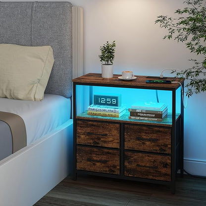 TUTOTAK LED Night Stand with Charging Station, Large Nightstand with USB and Type-C Port, Bedside Table with Cloth Drawers, End Table for Livingroom, Bedroom, Brown TB01BB081L