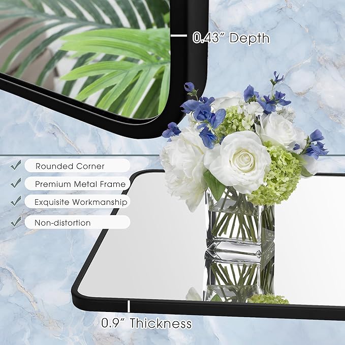 27x40 Inch Rectangle Bathroom Mirror with Black Metal Frame, Rounded Corner Rectangular Vanity Mirror for Wall, Modern Large for Bedroom, Living Room, Horizontal or Vertical