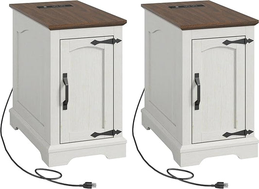 End Tables Set of 2 with Charging Station,13.8" W Narrow Side Table with Storage for Sofa Couch or Bed Side with Outlets & USB Ports, Farmhouse Wooden Nightstand for Bedroom Livingroom