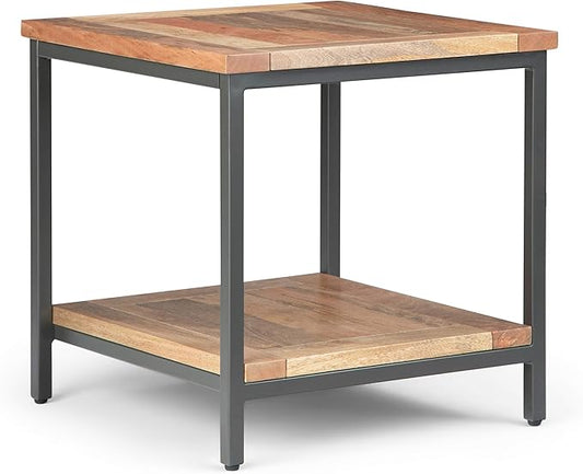 SIMPLIHOME Skyler SOLID MANGO WOOD and Metal 22 inch Wide Square Industrial End Table in Natural for the Living Room and Bedroom