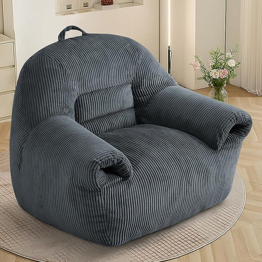 DAICO Bean Bag Chairs for Adults, Giant Bean Bag Chair Comfy Bean Bag Sofa with Handle Corduroy Single Lazy Floor Sofas Accent Chair with Foam for Bedroom Living Room Reading Gaming Grey