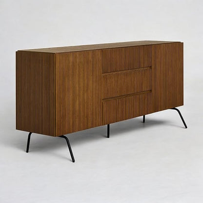 NTC Veil Sideboard with 2 Doors and 3 Drawers, Buffet Cabinet with Vertical Groove Design and Metal Legs, Storage Cabinet for Living Room, and Entryway, Effortless Assembly - Rustic Oak