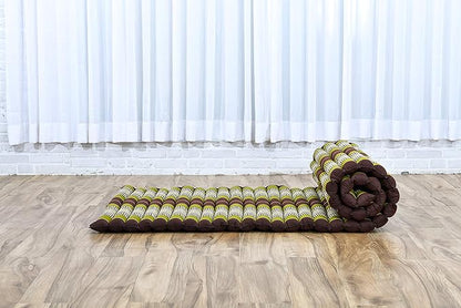 Leewadee - Foldable Floor Mattress - Japanese Roll Up Futon -Trifold Tatami Mat- Guest Floor Bed - Camping Mattress - Thai Massage Mat, Kapok Filled, 75 x 28 inches, Brown Green