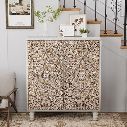 COSIEST 32" W Sideboard Buffet Cabinet with Storage, Accent Cabinet with 2 Push-to-Open Magnetic Doors, Vintage MDF Buffet Table for Living Room, Kitchen, Hallway (Gray,Firework Pattern)
