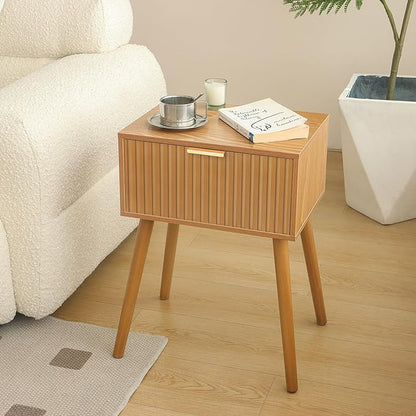 Fluted Nightstand, Small Bedside Table with Storage Drawer, Accent End Table Living Room for Bedroom and Small Space, Brown