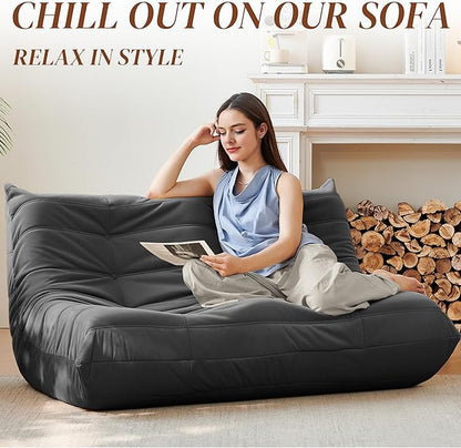 Bean Bag Chair, Loveseat Fireside Chair Bean Bag Sofa for Adults, 2 Seater Bean Bag Chairs for Teens with High-Resilience Foam, Memory Foam Bean Bag for Living Room, Bedroom, Office (Suede, Dark Gray)