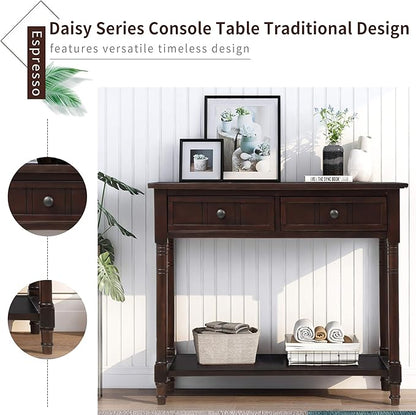 Merax Modern Wood Narrow Console Table for Entryway Hallway Front Door SideTable with Drawers and Bottom Shelf Espresso