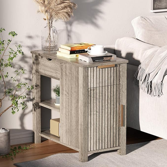 End Table with Charging Station 24'' Nightstand with Charging Station Vintage Side Table with Storage Wooden Sofa Side Table and Outlets Bedside Table for Living Room Office Bedroom (Grey)
