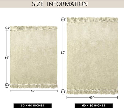 Chenille Throw Blanket for Couch 50"X 60", Soft Cozy Throws with Fringe Tassel for Bed Sofa Chair Cover, Lightweight Knitted Decorative Boho Blankets for Living Room, Light Beige