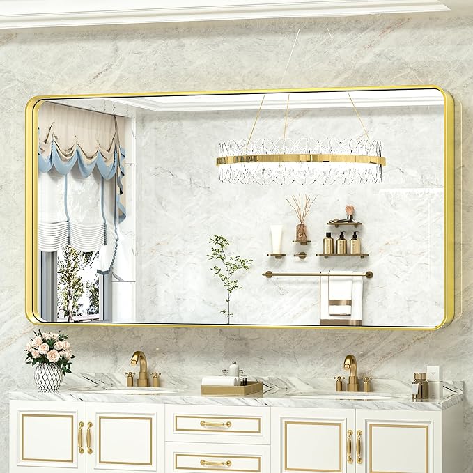 TokeShimi 60 x 28 Inch Brushed Gold Bathroom Vanity Mirror for Wall with Non-Rusting Aluminum Alloy Matte Metal Frame for Modern Farmhouse Home Decor (Horizontal/Vertical)