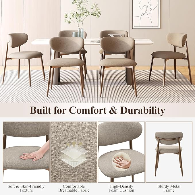 Dining Chairs Set of 4, Ergonomic Fabric Upholstered Seating with Wood Look Metal Legs and Anti Slip Pads, for Home and Restaurant Use, Camel