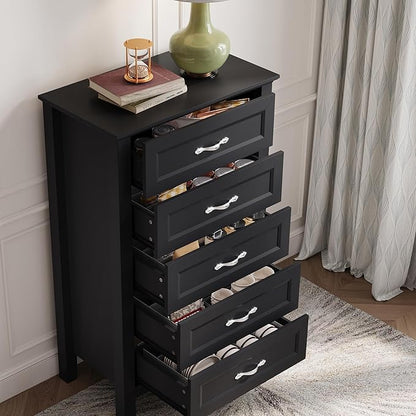 LINSY HOME Tall Dresser for Bedroom with 5 Drawers, 45" Tall Dressers & Chests of Drawers, Modern Farmhouse Large Vertical Dresser with Wood Legs for Bedroom, Closet, Living Room, Hallway, Black