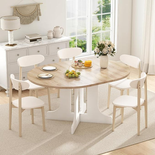 43"-59" Expandable Round Dining Table, Extendable Dining Room Table for 4-6, Oval Tabletop with Removable Leaf, Trestle X-Shaped Base & Metal Track for Dining Room, Living Room-Oak