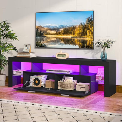 Clikuutory Modern Lighting 63 inch TV Stand with Large Storage Drawer for 50 55 60 65 70 75 Inch TVs, TV Console with 20 Color LED Lights, Entertainment Center Media and Open Shelf for Bedroom, Black
