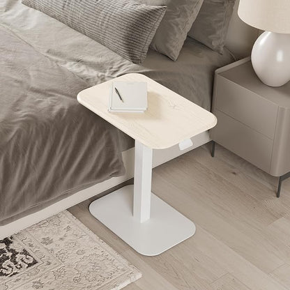 ERGOHOME™ ELEVANCE TABLE™ Height Adjustable Side Table for Couch or Bed, Laptop Table - Small End Table Office Coffee Table - C-Shaped Sofa Side Table with Multi-Function (White Base & Washed Oak Top)