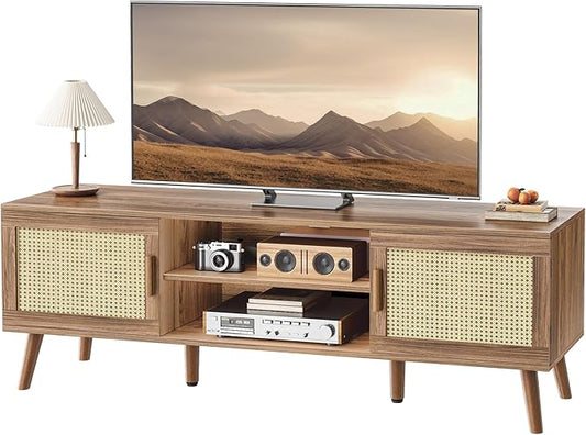 SUPERJARE Boho TV Stand for 65 Inch TV, Entertainment Center with Adjustable Shelf, Rattan TV Console with 2 Cabinets, Media Console, Solid Wood Feet, 4 Cord Holes, for Living Room, Walnut