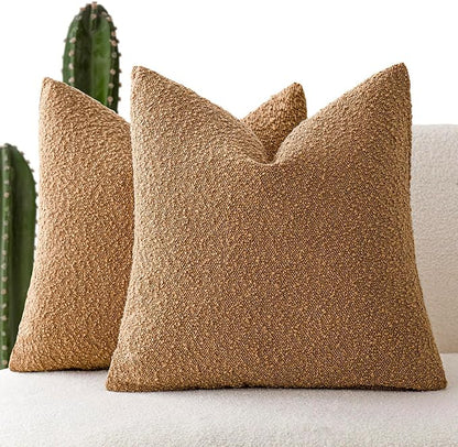 Foindtower Set of 2, Decorative Textured Boucle Throw Pillow Covers Accent Solid Pillow Cases Neutral Soft Couch Cushion Case for Chair Sofa Bedroom Living Room Home Decor 24 x 24 Inch Rust Tobacco