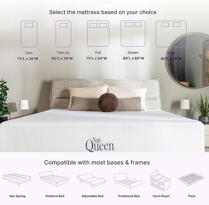 NapQueen 12 Inch Full Size Mattress, Bamboo Charcoal Memory Foam Mattress, Bed in a Box, White