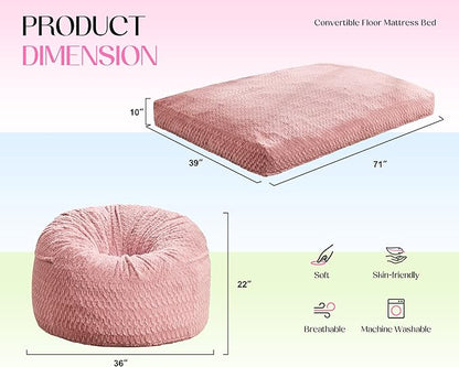 Hobestluk Bean Bag Chair Convertible Beanbag Chairs for Adults, 3 in 1 Bean Bags with Plush Chevron Cover, Adult Bean Bag Chair for Living Room, Bedroom (Pink, Twin)