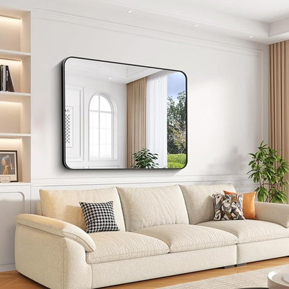 Bathroom Mirror, 48x36 inch Black Rectangle Wall Mirror, Metal Frame Rounded Corner Vanity Mirror, Large Wall Mounted Mirror for Over Sink Bedroom Living Room Horizontal Or Vertical Mounting