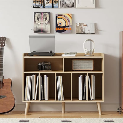 ChooChoo Record Player Stand, Turntable Stand with Vinyl Storage, Record Player Cabinet Up to 350 Albums, Cube Storage Organizer for Living Room, Natural