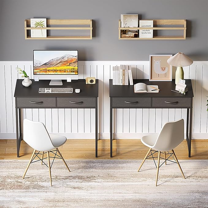 WOHOMO Small Computer Desk with Drawers, 31.5 Inch Black Vanity Desk with Storage, Home Office Computer Desk for Small Spaces, Modern Work Writing Study Table, Black