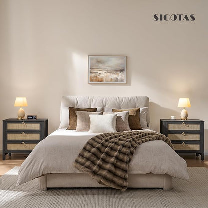 SICOTAS Night Stand with Drawers, Large Rattan Bedside Table with Golden Handle, 3 Drawers Nightstand Tall End Table Side Table Boho Nightstand for Bedroom