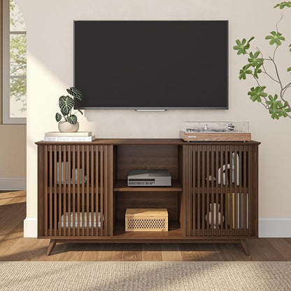 Plank+Beam Mid-Century Modern Wood TV Stand, Solid Wood Entertainment Console with Storage, 59" L x 16" W x 30" H, Walnut
