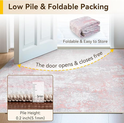 Washable Area Rugs 6'x9' Non-Slip Modern Abstract Soft for Living Room Entryway Bedroom Nursery, Print Pattern, Grey Pink