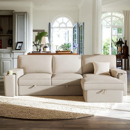 96.1 Inch L-Shaped Convertible Sectional Sleeper Sofa with Pull Out Bed, Storage Bags and 2 Hidden Cup Holders on Arms, Upholstered Corner Couch for Living Room Office Apartment, Beige