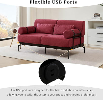 Modern Loveseat Sofa 59" Sofa Couch 2-Seater Sofa with Flexible USB Ports, Unique Cylindrical Armrests for Living Room, Red